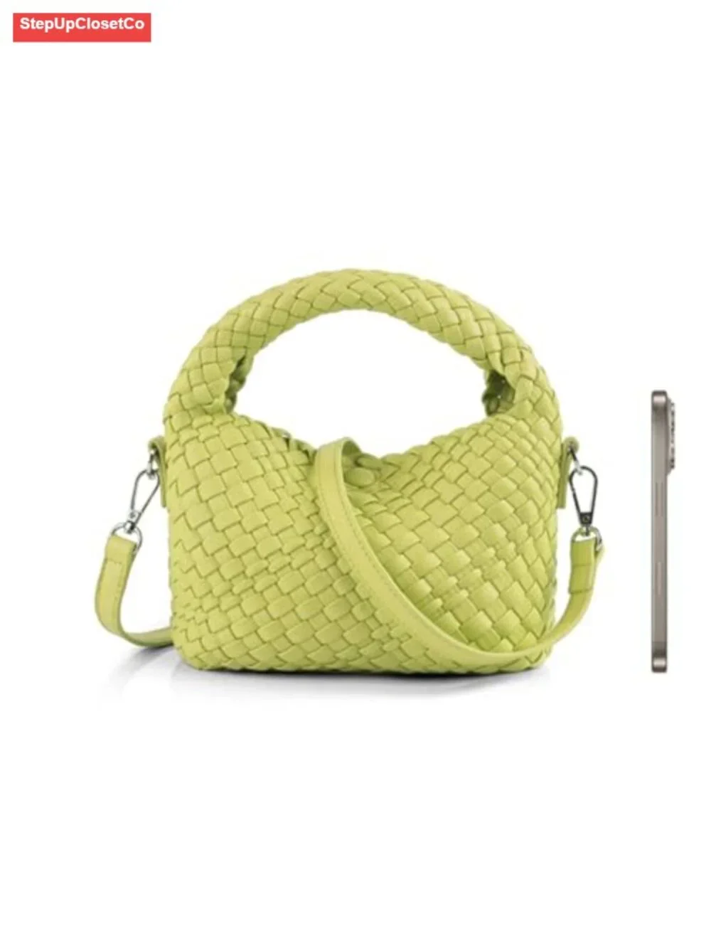 Woven Faux Leather Hobo Handbag with Detachable Crossbody Strap, Small Tote